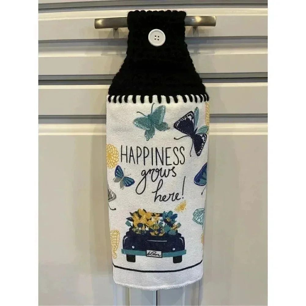 Crochet Top Kitchen Towel- Happiness Grows Here Butterflies Flowers Antique Car
